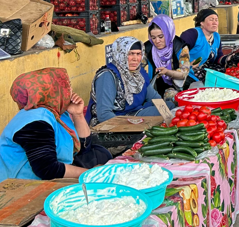 Market vendors and local produce in Tajikistan